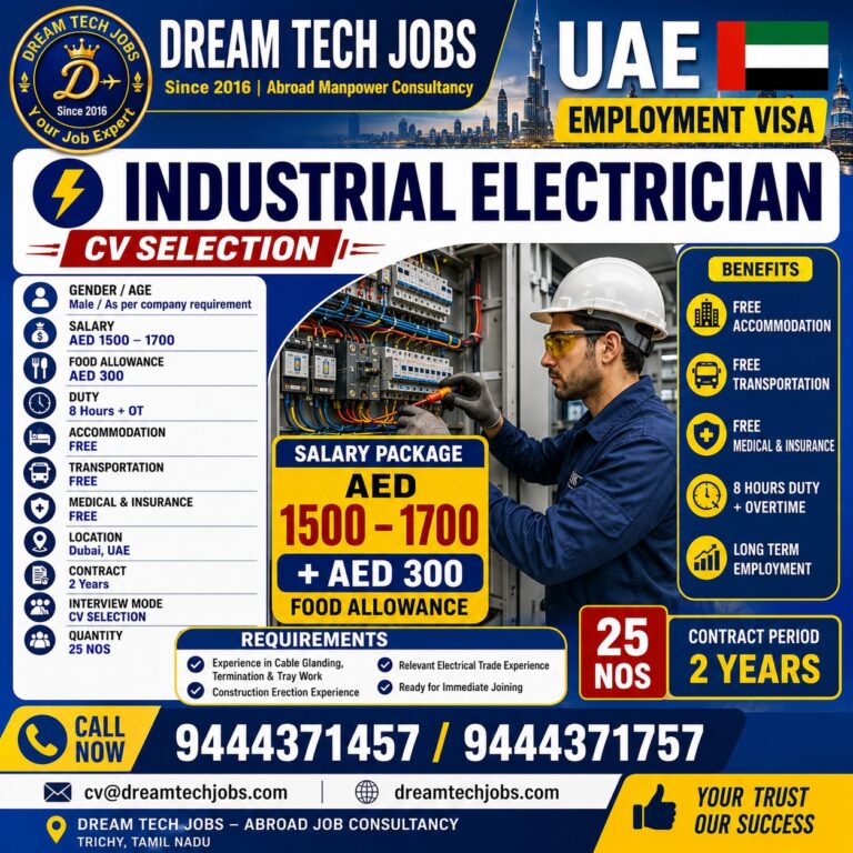 Industrial Electrician Jobs in UAE 2026 – CV Selection | Salary AED 1,700 + Food Allowance