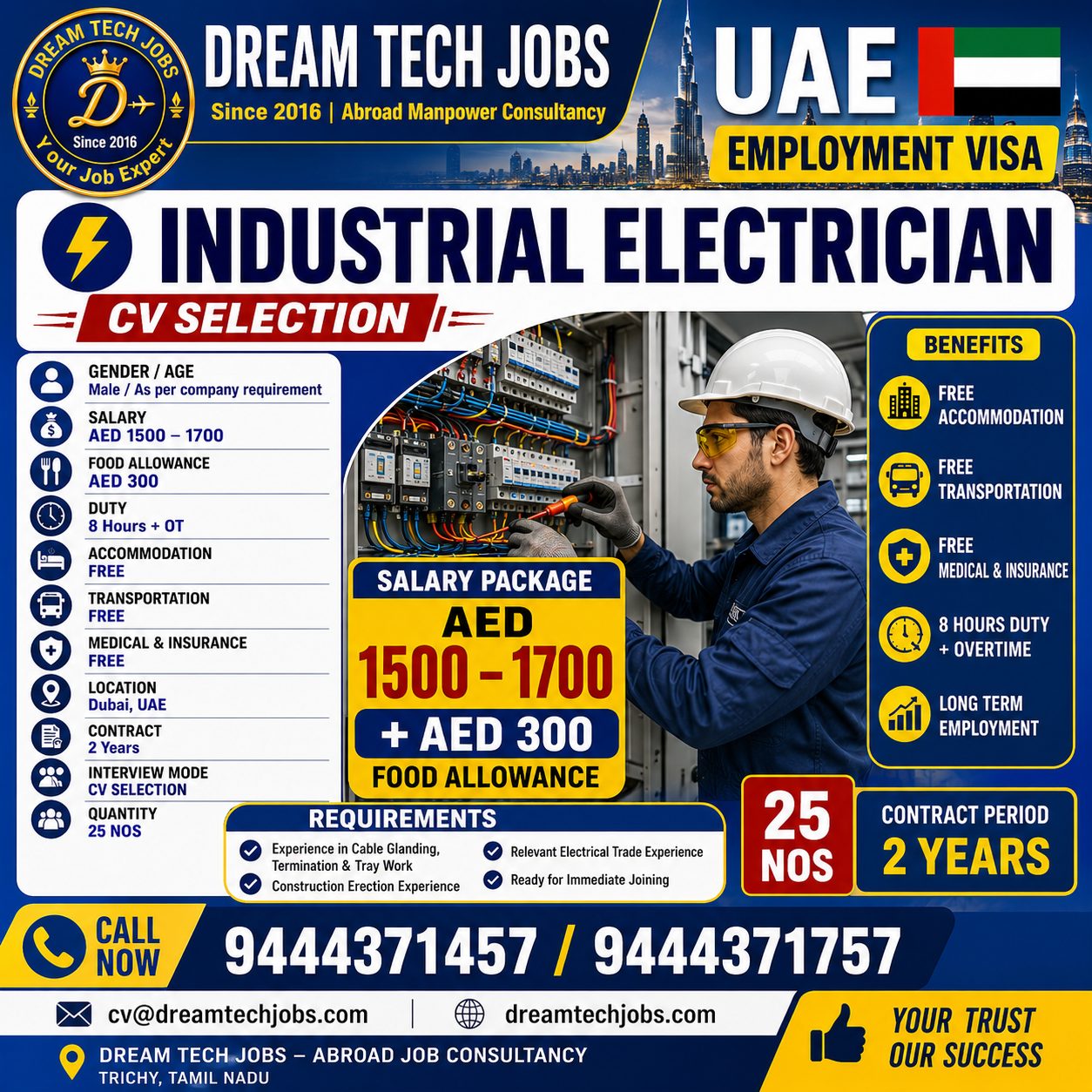 Industrial Electrician Jobs in UAE 2026 – CV Selection | Salary AED 1,700 + Food Allowance