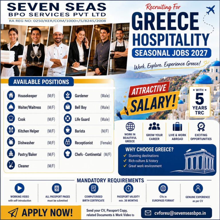 Greece Hospitality Seasonal Jobs 2027 – Apply Now for Housekeeper, Waiter, Cook, Receptionist & More