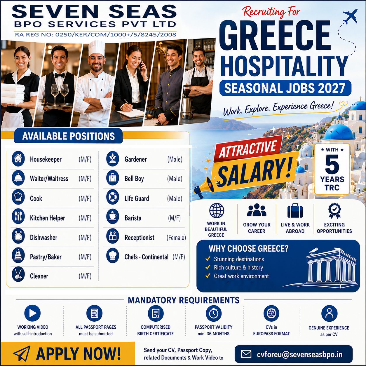 Greece Hospitality Seasonal Jobs 2027 – Apply Now for Housekeeper, Waiter, Cook, Receptionist & More