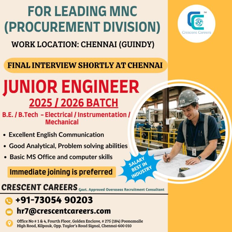 Junior Engineer Jobs 2025–2026 Batch | Procurement Division | Chennai (Guindy)