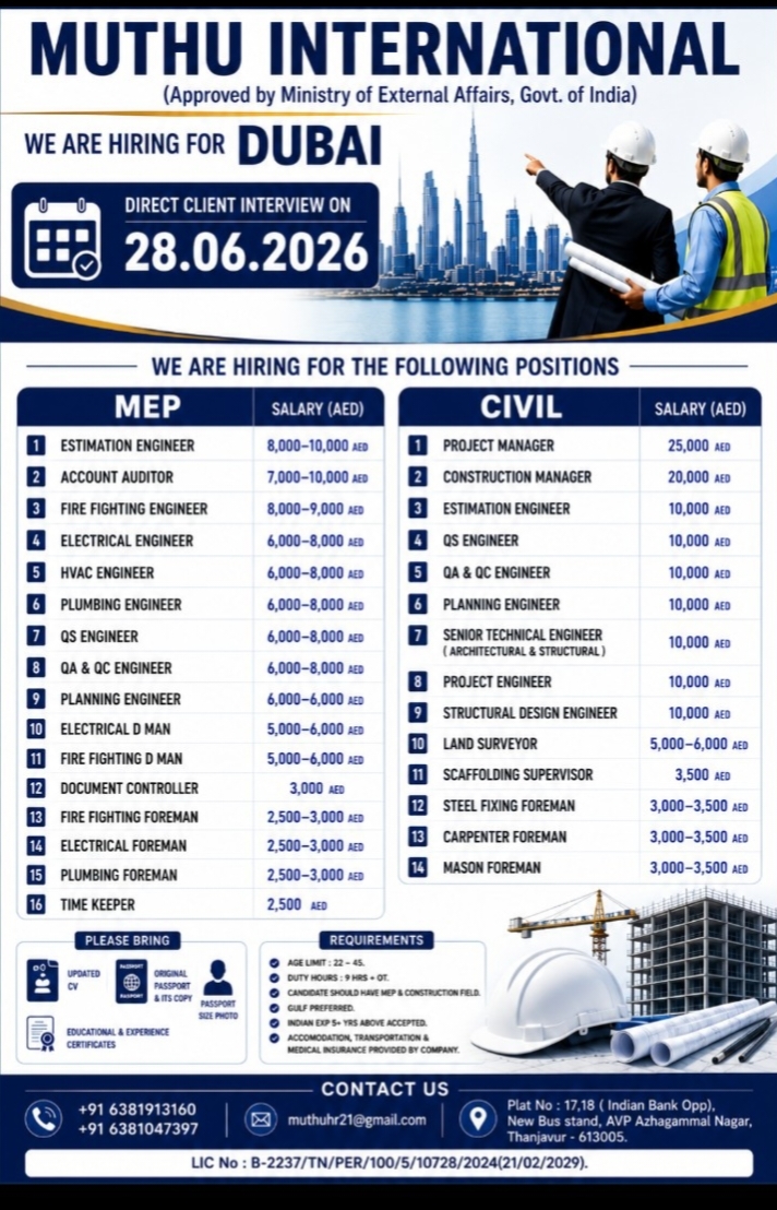 MUTHU INTERNATIONAL Dubai MEP & Civil Jobs 2026 – Direct Client Interview on 28 June 2026