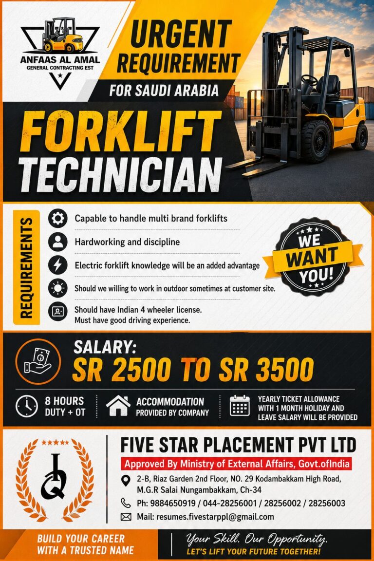 Forklift Technician Jobs in Saudi Arabia 2026 – Urgent Requirement | Apply Now