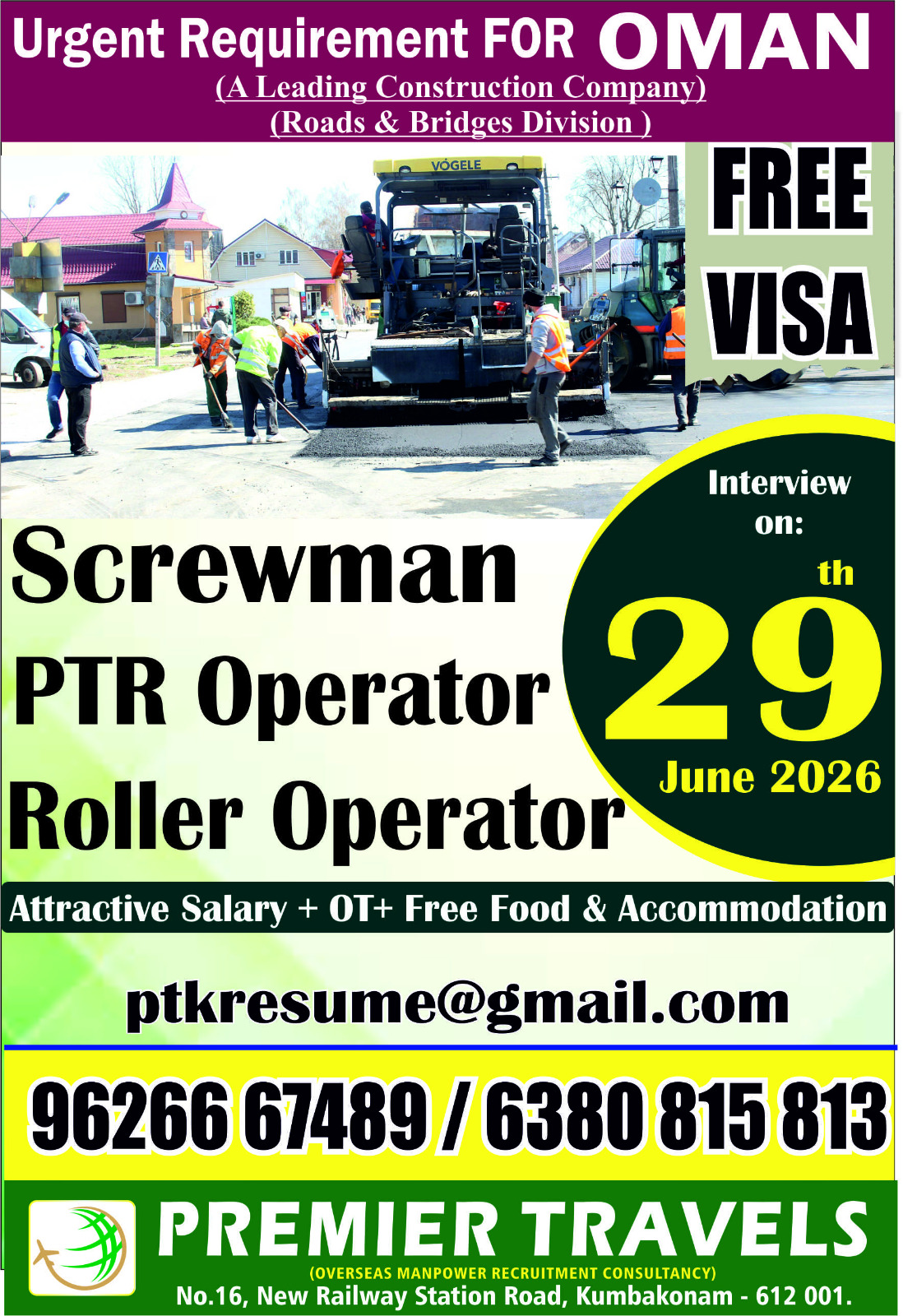 Oman Roads & Bridges Division Jobs 2026 – Screwman, PTR Operator & Roller Operator | Free Visa
