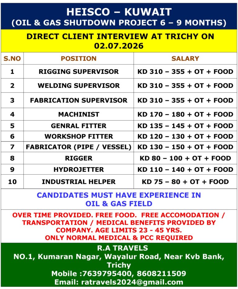 HEISCO Kuwait Oil & Gas Shutdown Project Jobs 2026 – Direct Client Interview in Trichy on July 2