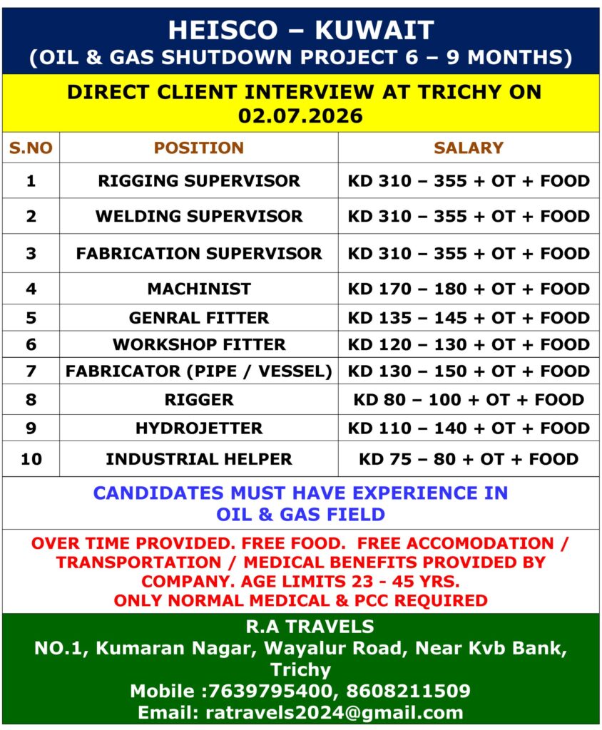 HEISCO Kuwait Oil & Gas Shutdown Project Jobs 2026 – Direct Client Interview in Trichy on July 2