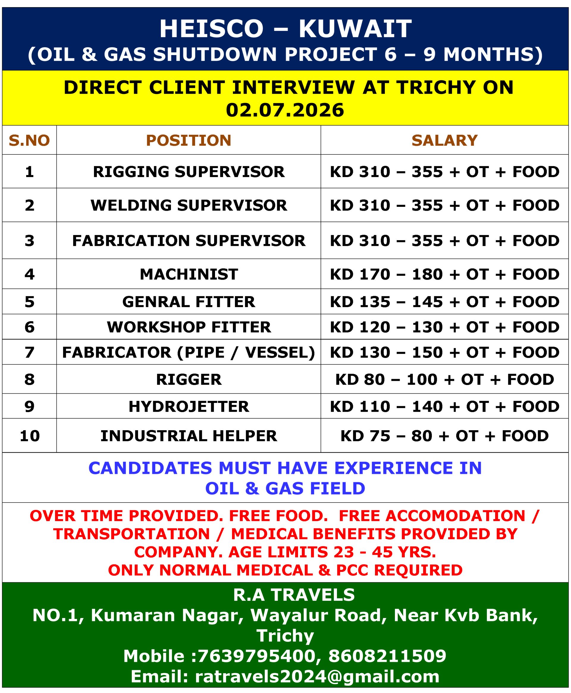 HEISCO Kuwait Oil & Gas Shutdown Project Jobs 2026 – Direct Client Interview in Trichy on July 2