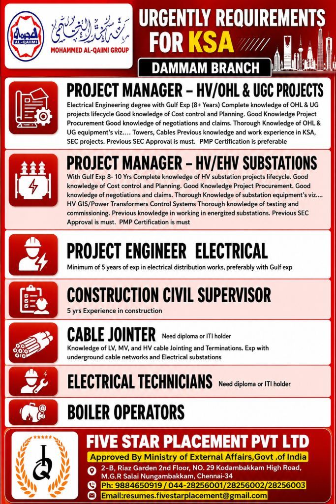 Saudi Arabia Electrical & Construction Jobs 2026 | Mohammed Al-Qaimi Group – Dammam Branch