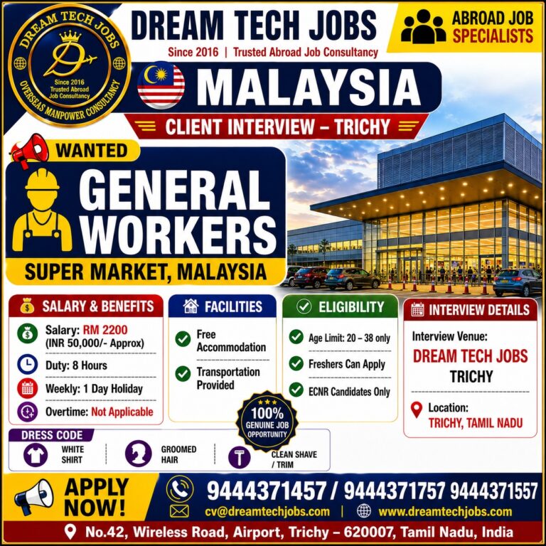 Malaysia Supermarket General Worker Jobs 2026 – Client Interview in Trichy | Apply Now