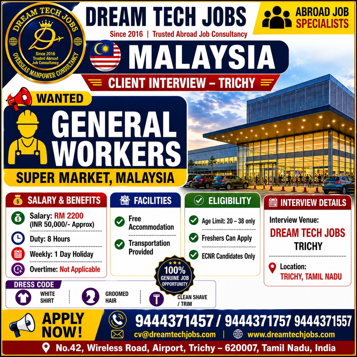 Malaysia Supermarket General Worker Jobs 2026 – Client Interview in Trichy | Apply Now