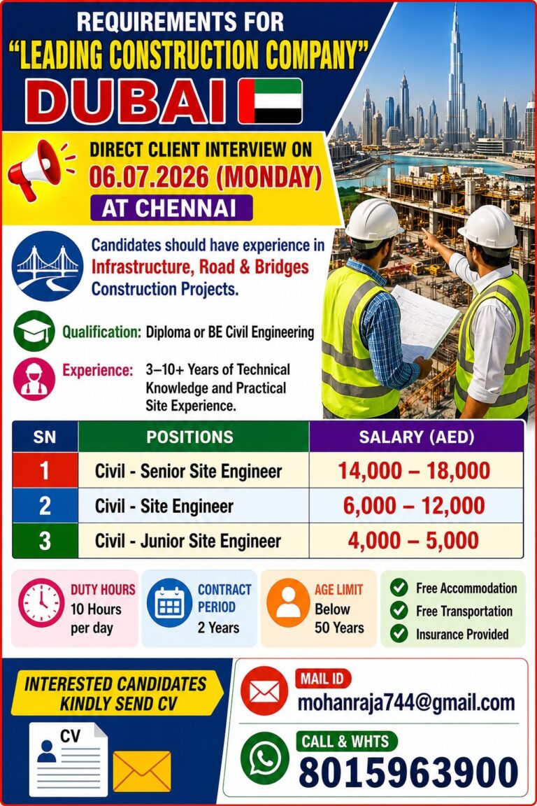 Dubai Civil Engineering Jobs 2026 – Direct Client Interview in Chennai | Senior, Site & Junior Site Engineers