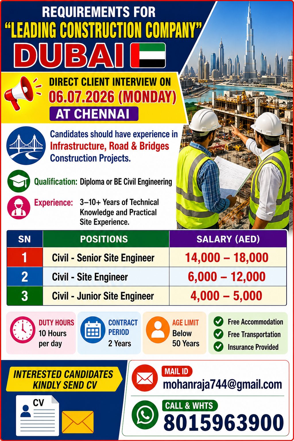 Dubai Civil Engineering Jobs 2026 – Direct Client Interview in Chennai | Senior, Site & Junior Site Engineers