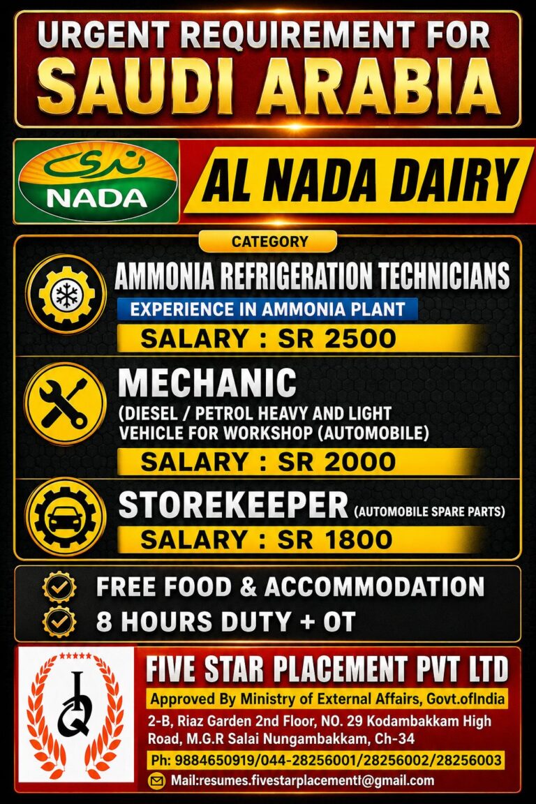 Al Nada Dairy Saudi Arabia Jobs 2026 – Ammonia Refrigeration Technicians, Mechanics & Storekeepers