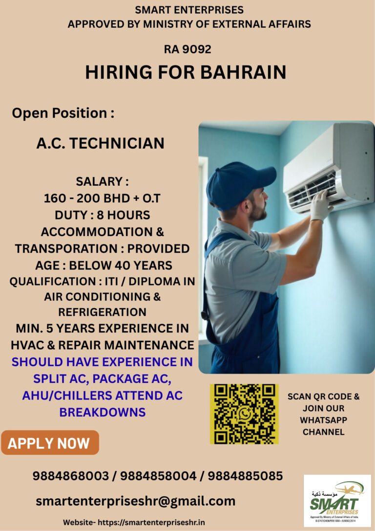 A.C. Technician Jobs in Bahrain 2026 | ITI/Diploma Holders | Apply Now