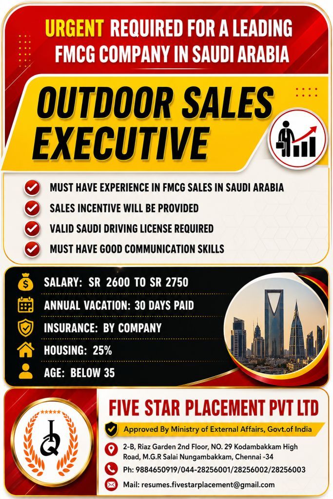 Outdoor Sales Executive Jobs in Saudi Arabia 2026 – FMCG Company | Apply Now