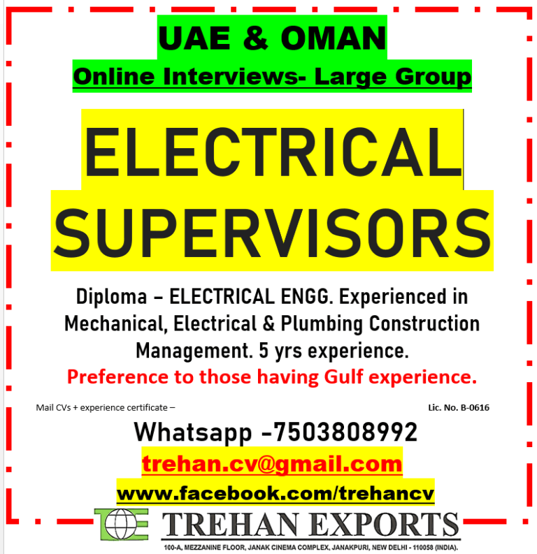 Electrical Supervisors Jobs in UAE & Oman – Online Interviews | Large Group Hiring