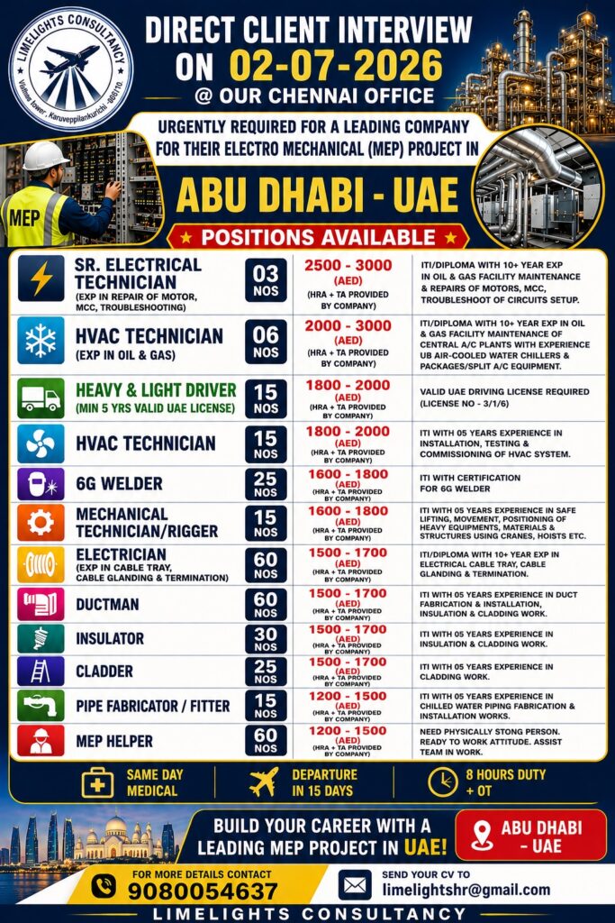 Abu Dhabi MEP Project Jobs 2026 – Direct Client Interview in Chennai on 02 July 2026 1 Abu Dhabi MEP Project Jobs 2026 – Direct Client Interview in Chennai on 02 July 2026
