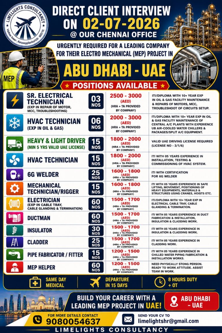 Abu Dhabi MEP Project Jobs 2026 – Direct Client Interview in Chennai on 02 July 2026