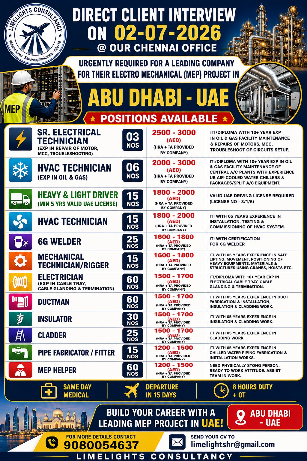 Abu Dhabi MEP Project Jobs 2026 – Direct Client Interview in Chennai on 02 July 2026