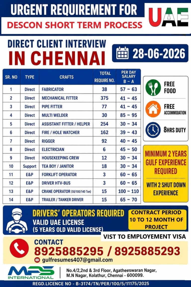 DESCON UAE Short-Term Process 2026 – Direct Client Interview in Chennai | Apply Now