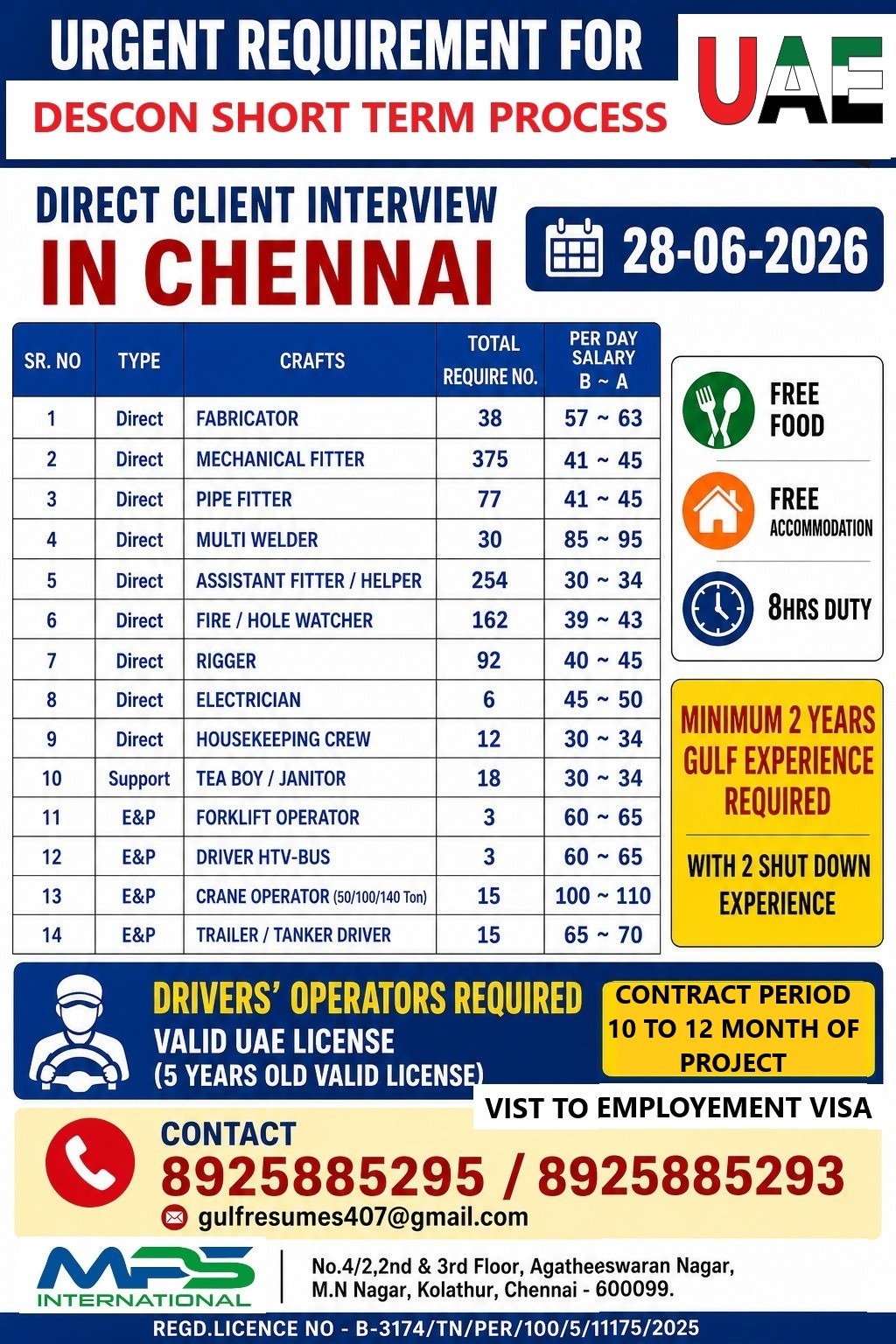 DESCON UAE Short-Term Process 2026 – Direct Client Interview in Chennai | Apply Now