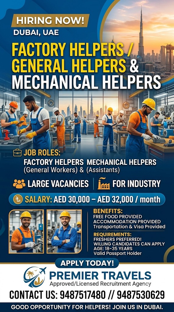 Factory Helpers / General Helpers & Mechanical Helpers Jobs in Dubai, UAE 2026