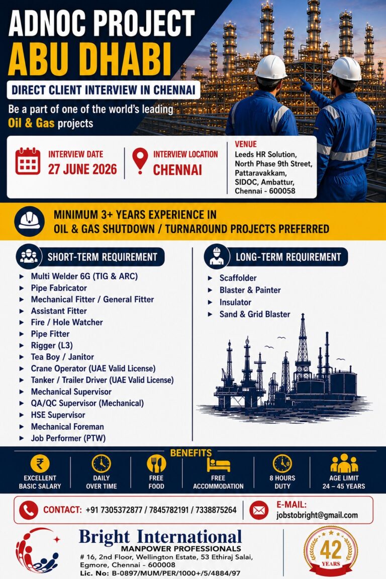 ADNOC Project Abu Dhabi Jobs 2026 | Direct Client Interview in Chennai | Oil & Gas Vacancies