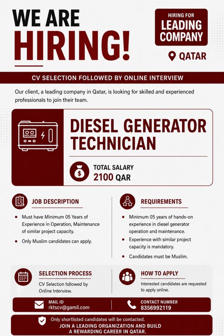 Diesel Generator Technician Jobs in Qatar 2026 – Online Interview | Apply Now