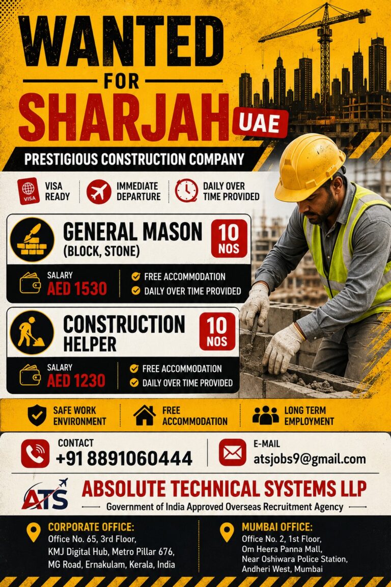 Sharjah UAE Construction Company Hiring General Masons & Construction Helpers – Immediate Departure