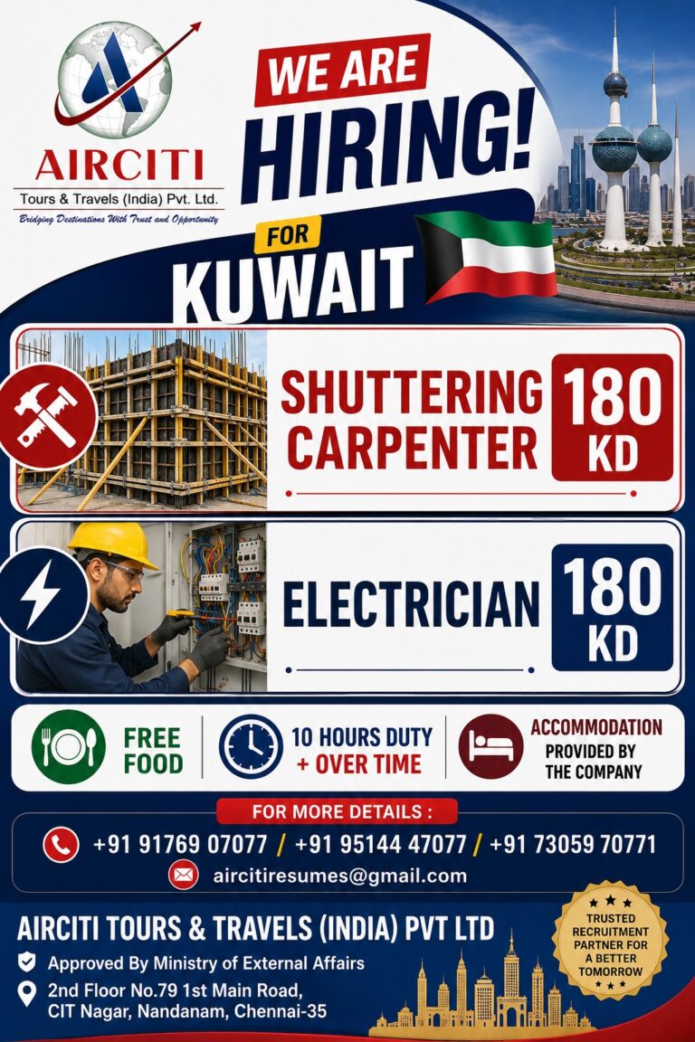 Kuwait Jobs 2026 – Shuttering Carpenter & Electrician Vacancies | AirCiti Tours & Travels