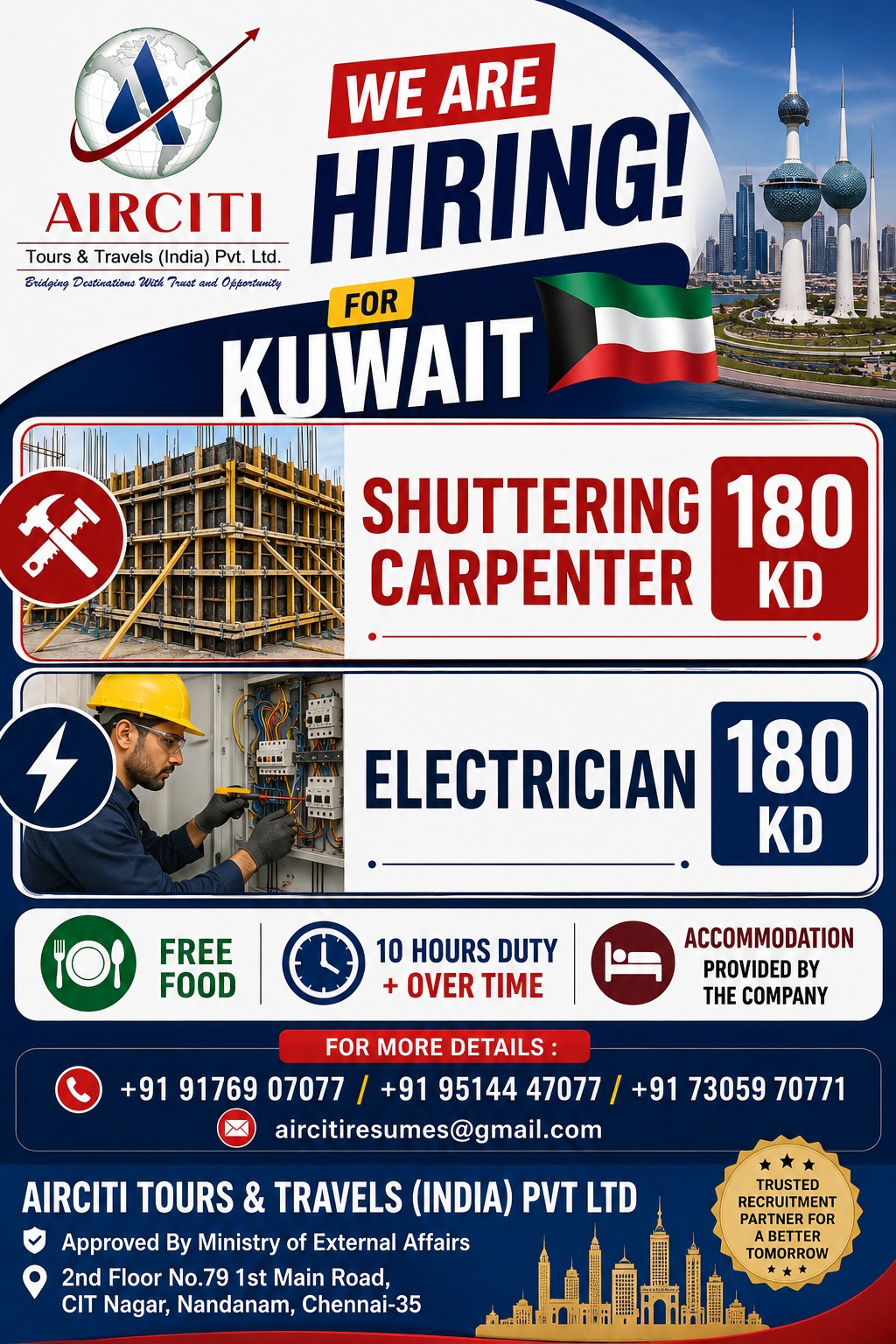 Kuwait Jobs 2026 – Shuttering Carpenter & Electrician Vacancies | AirCiti Tours & Travels