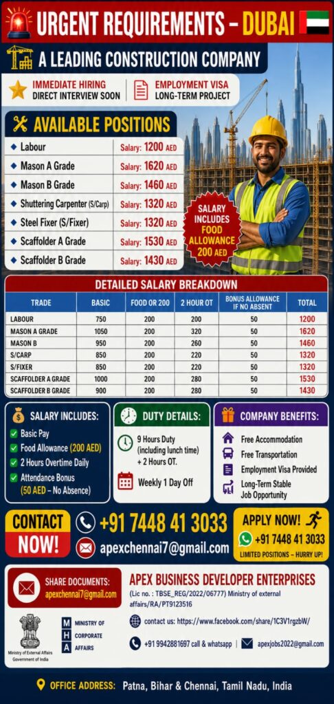 Urgent Construction Jobs in Dubai 2026 – Direct Interview | Free Accommodation & Visa 1 Urgent Construction Jobs in Dubai 2026 – Direct Interview | Free Accommodation & Visa