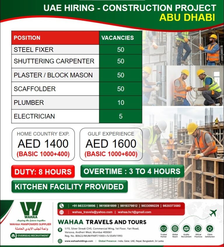 UAE Construction Project Jobs in Abu Dhabi 2026 – Steel Fixer, Carpenter, Mason & More | Apply Now