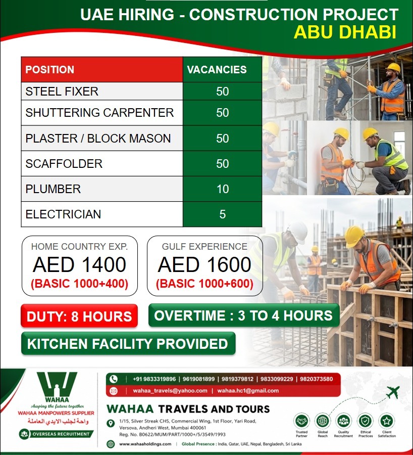 UAE Construction Project Jobs in Abu Dhabi 2026 – Steel Fixer, Carpenter, Mason & More | Apply Now