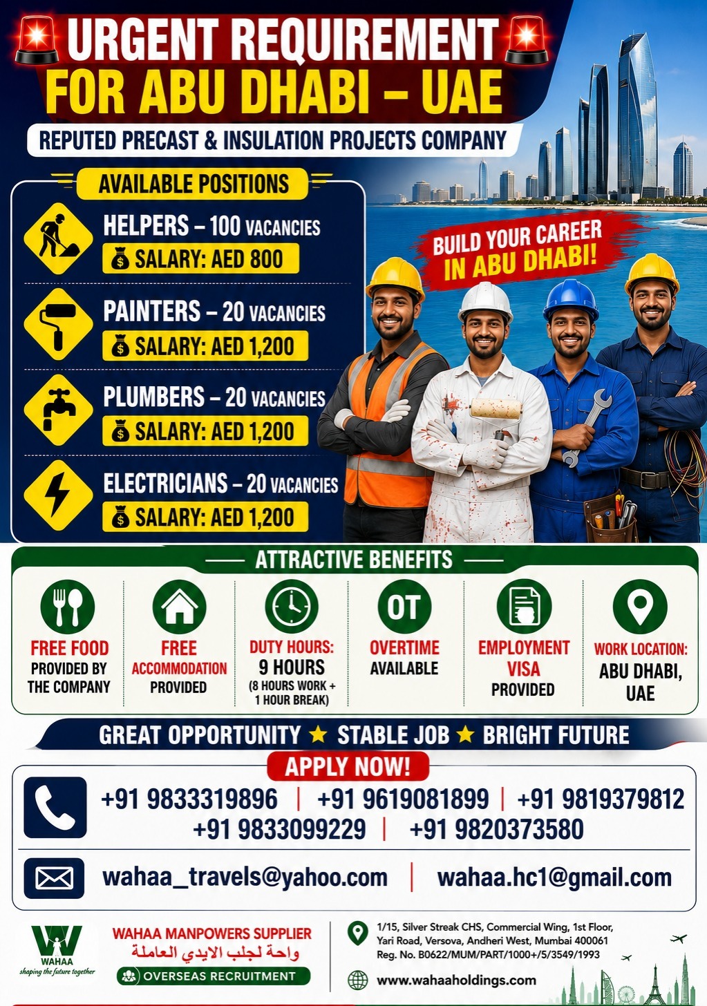 Abu Dhabi UAE Jobs 2026 – Helpers, Painters, Plumbers & Electricians | Free Food & Accommodation