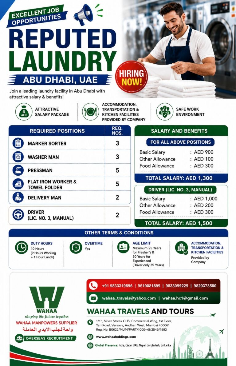 Reputed Laundry Jobs in Abu Dhabi, UAE – Hiring Marker Sorters, Washer Men, Pressmen & Drivers