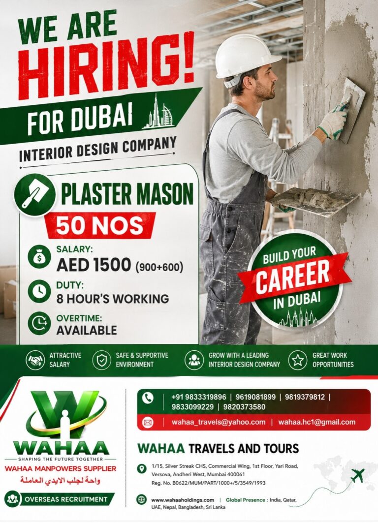 Plaster Mason Jobs in Dubai 2026 – Interior Design Company Hiring 50 Plaster Masons | Apply Now