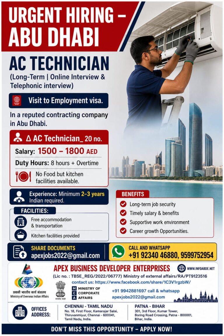 AC Technician Jobs in Abu Dhabi 2026 – Urgent Hiring | Online & Telephonic Interview