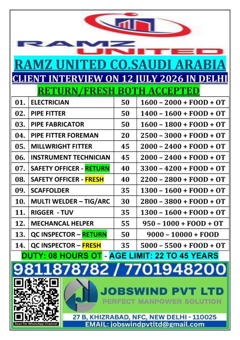 RAMZ United Co. Saudi Arabia Jobs 2026 – Client Interview on 12 July in Delhi | Freshers & Return Candidates Welcome