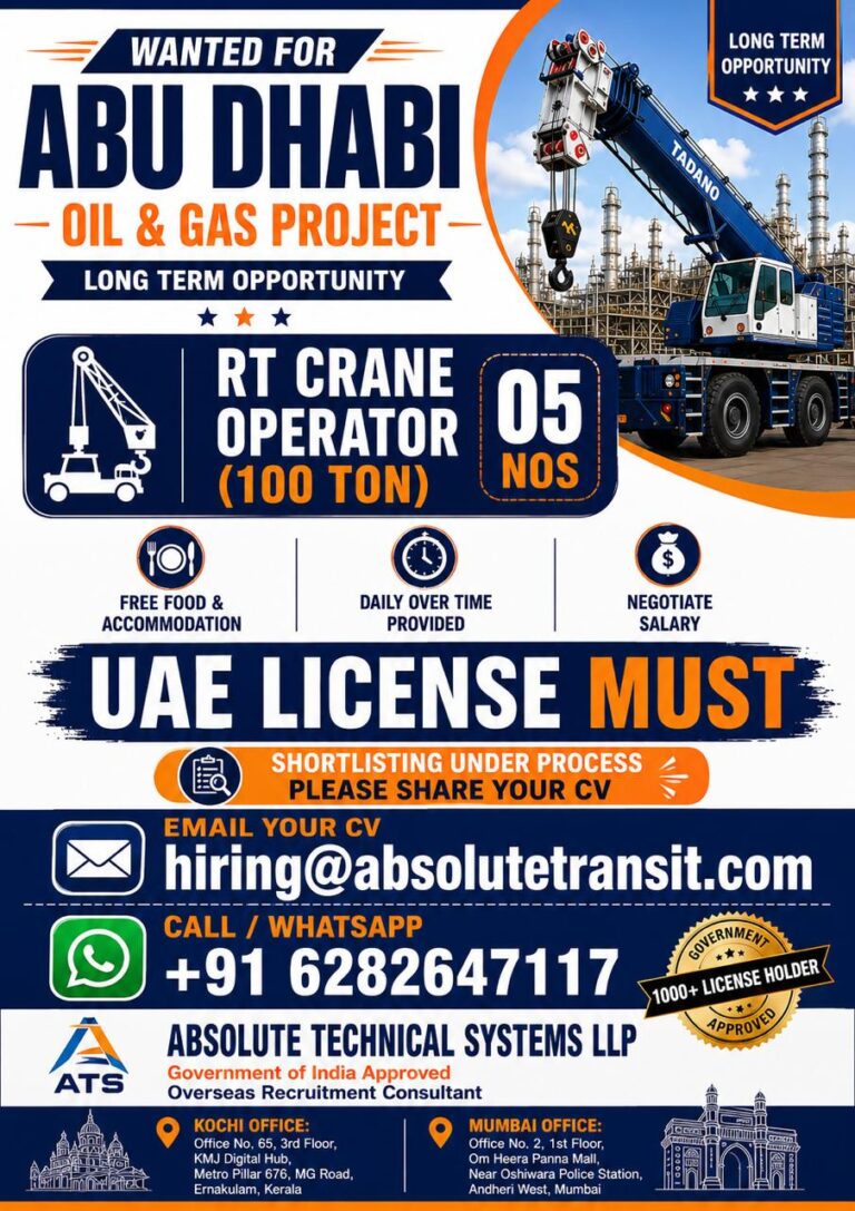 RT Crane Operator (100 Ton) Jobs in Abu Dhabi – Oil & Gas Project | Long-Term Opportunity 2026