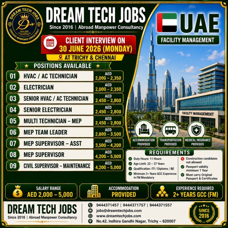 UAE Facility Management Jobs 2026 – Client Interview on 30 June 2026 at Trichy & Chennai