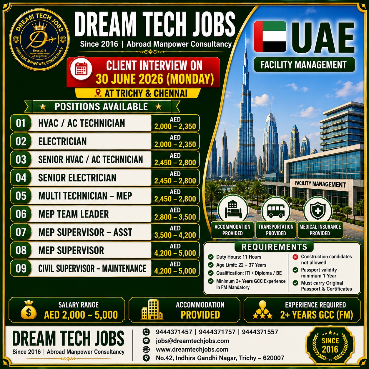 UAE Facility Management Jobs 2026 – Client Interview on 30 June 2026 at Trichy & Chennai