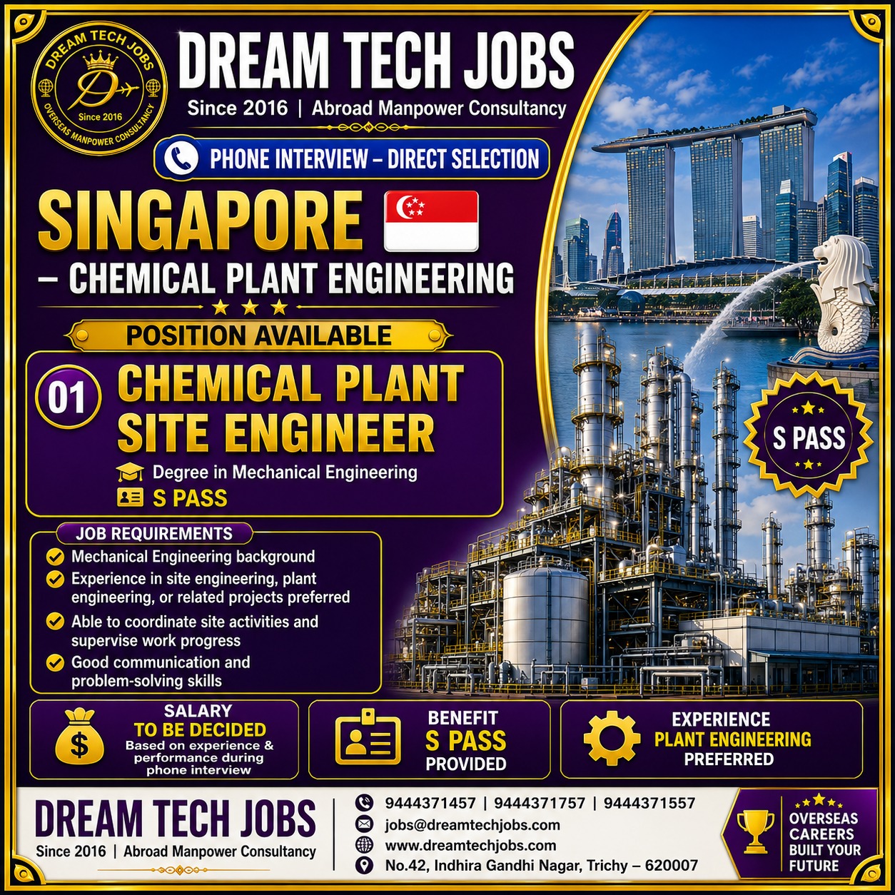 Singapore Chemical Plant Site Engineer Jobs 2026 – S Pass | Direct Selection