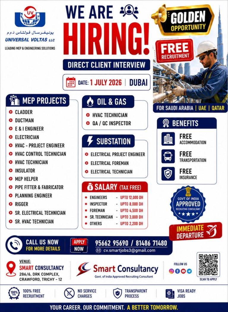 Universal Voltas LLC MEP & Engineering Jobs 2026 – Direct Client Interview in Dubai | Free Recruitment