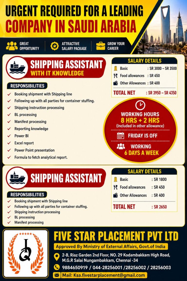 Shipping Assistant Jobs in Saudi Arabia 2026 – Attractive Salary | Apply Now