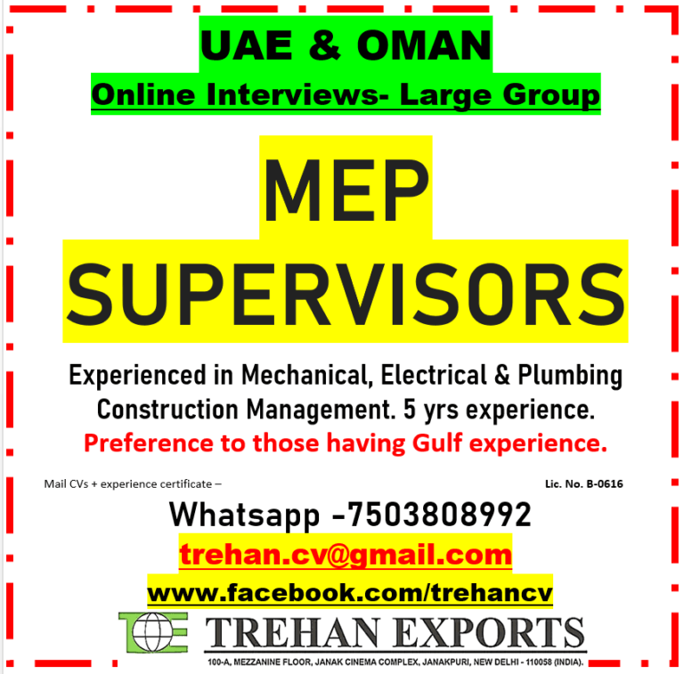 MEP Supervisors Recruitment for UAE & Oman – Online Interviews | Apply Now