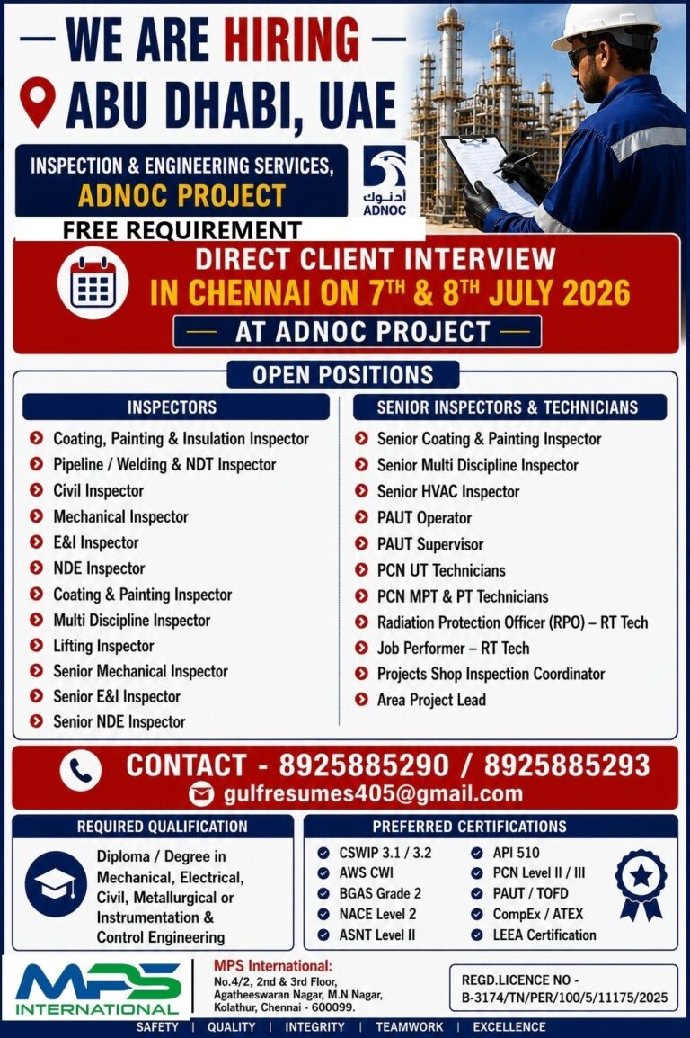 ADNOC Inspection & Engineering Services Jobs in Abu Dhabi 2026 | Direct Client Interview in Chennai