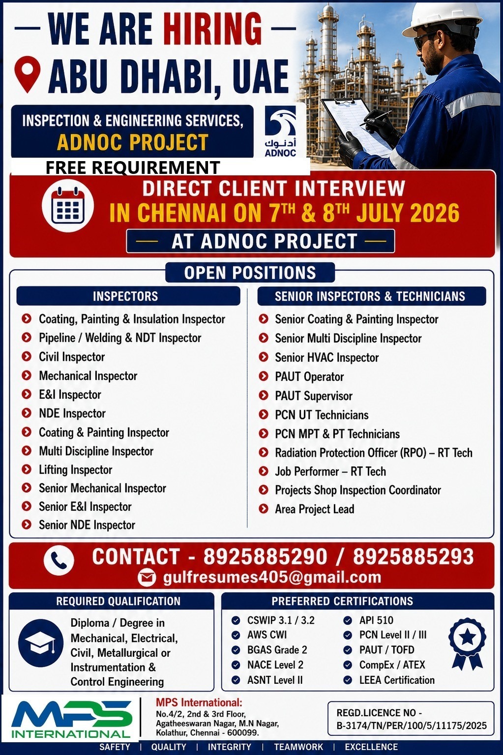 ADNOC Inspection & Engineering Services Jobs in Abu Dhabi 2026 | Direct Client Interview in Chennai