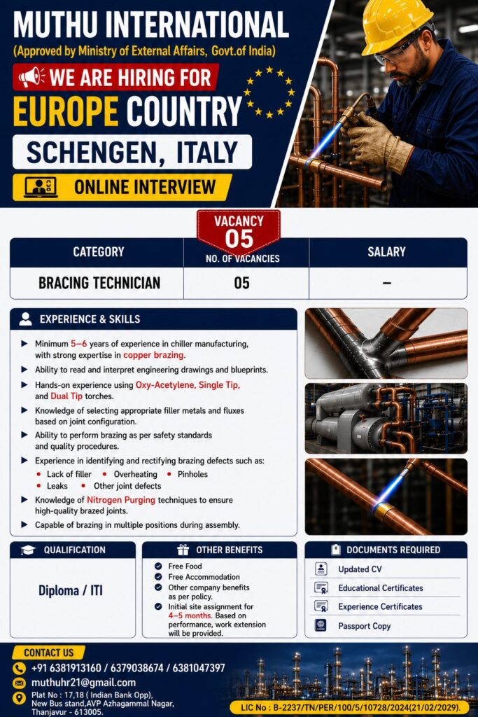 Bracing Technician Jobs in Italy – Europe | Online Interview | Apply Now
