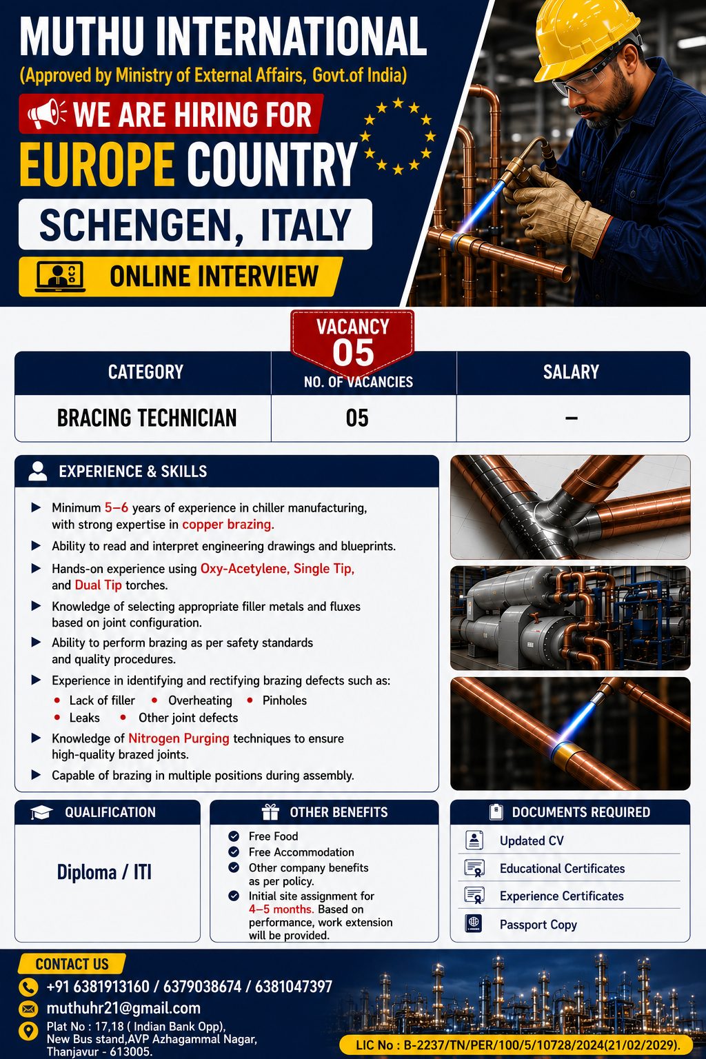 Bracing Technician Jobs in Italy – Europe | Online Interview | Apply Now